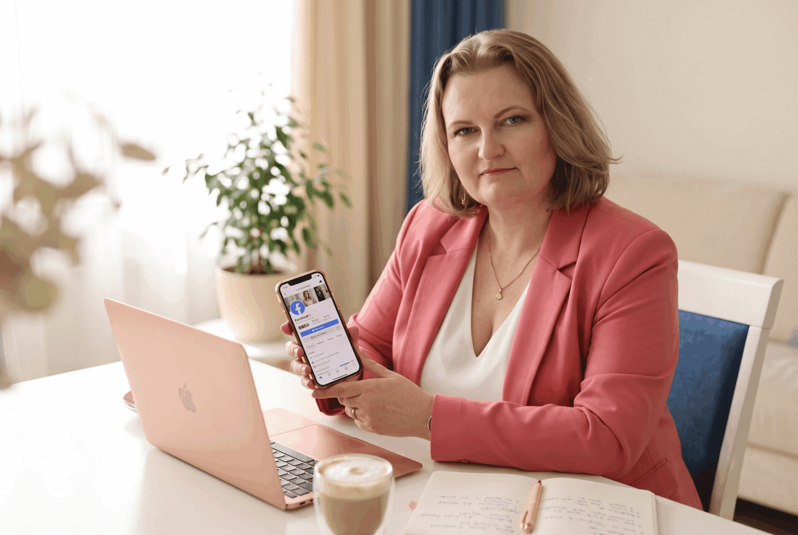 Justyna Kopeć prezentuje profil na Facebooku na laptopie i telefonie.