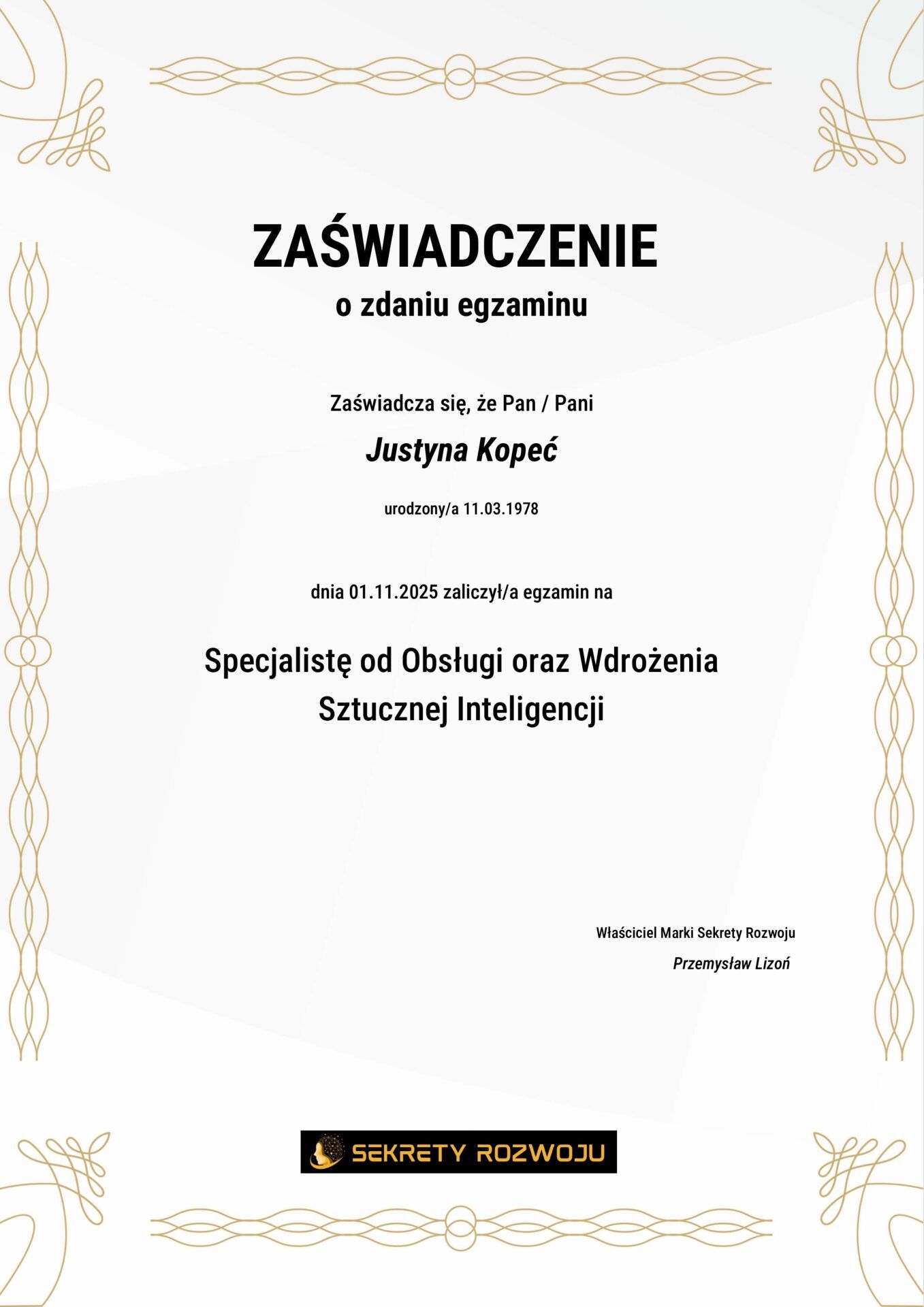 dyplom Specjalista od&nbsp;Obsługi oraz&nbsp;Wdrożenia Sztucznej Inteligencji 