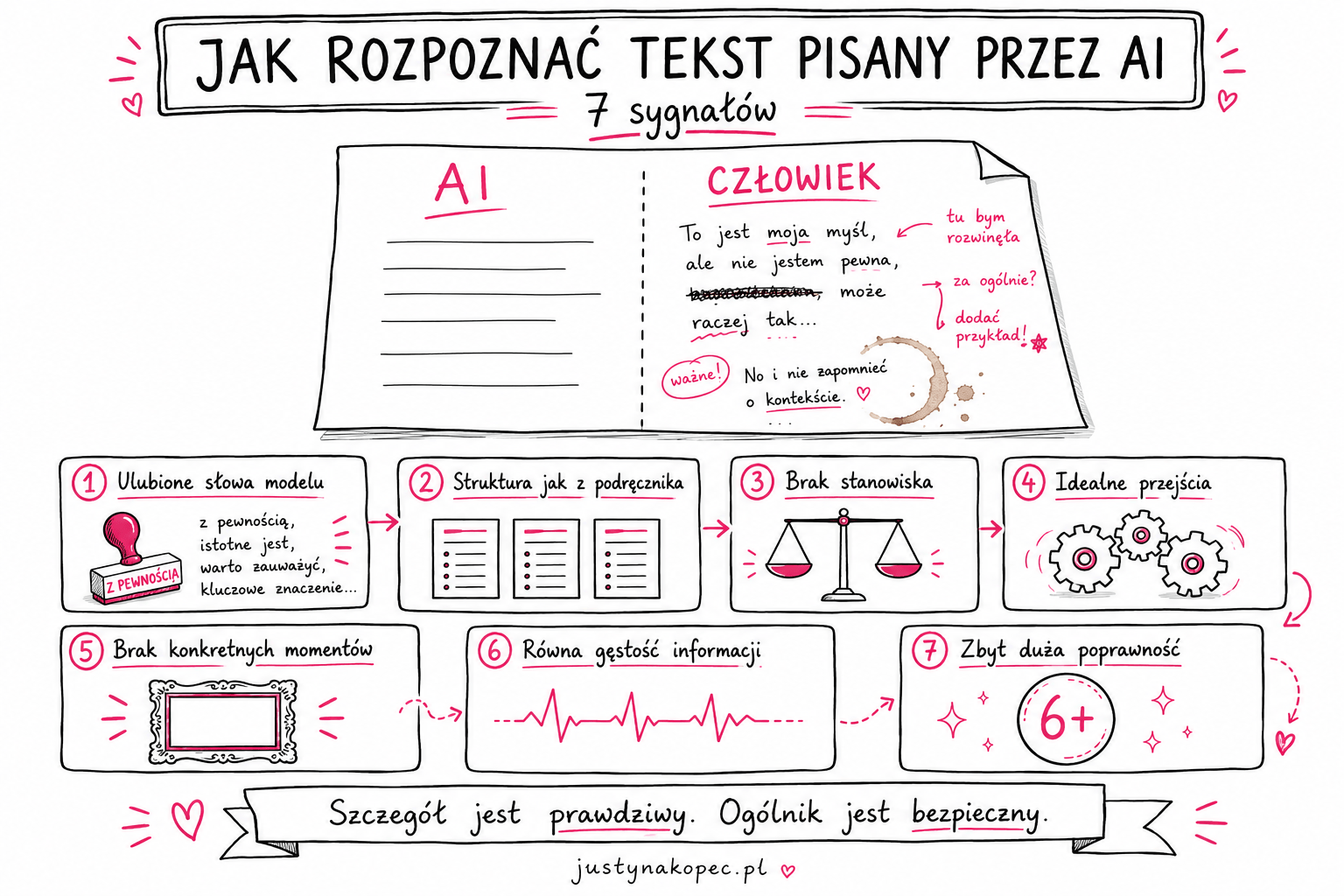 Jak rozpoznać tekst pisany przez AI Infografika sketchnotes: siedem sygnałów, po których rozpoznasz tekst pisany przez AI, z ikonami i krótkimi opisami - Justyna Kopeć artykuł blogowy