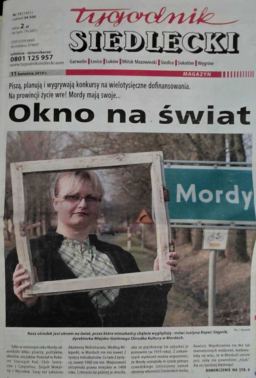 Okładka Tygodnika Siedleckiego z kwietnia 2010 roku z wywiadem Okno na świat
