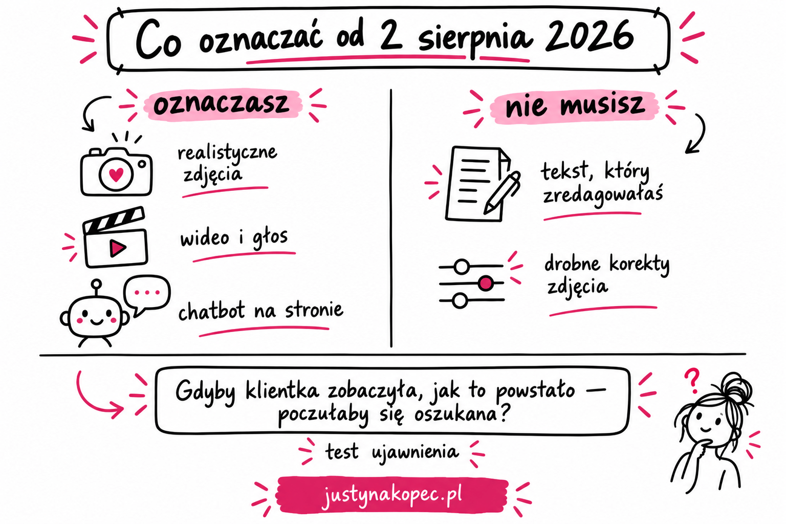 infografika sketchnotes: etyka AI w biznesie, co oznaczać od sierpnia 2026 i test ujawnienia