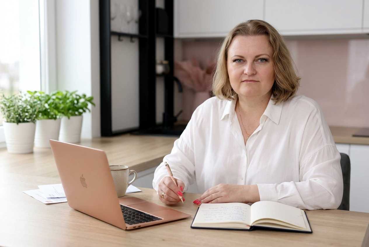 jak-zaczac-biznes-online-formalnosci Kobieta przy kuchennym stole z laptopem i notatnikiem planuje start własnej działalności, obok kubek kawy Justyna Kopeć