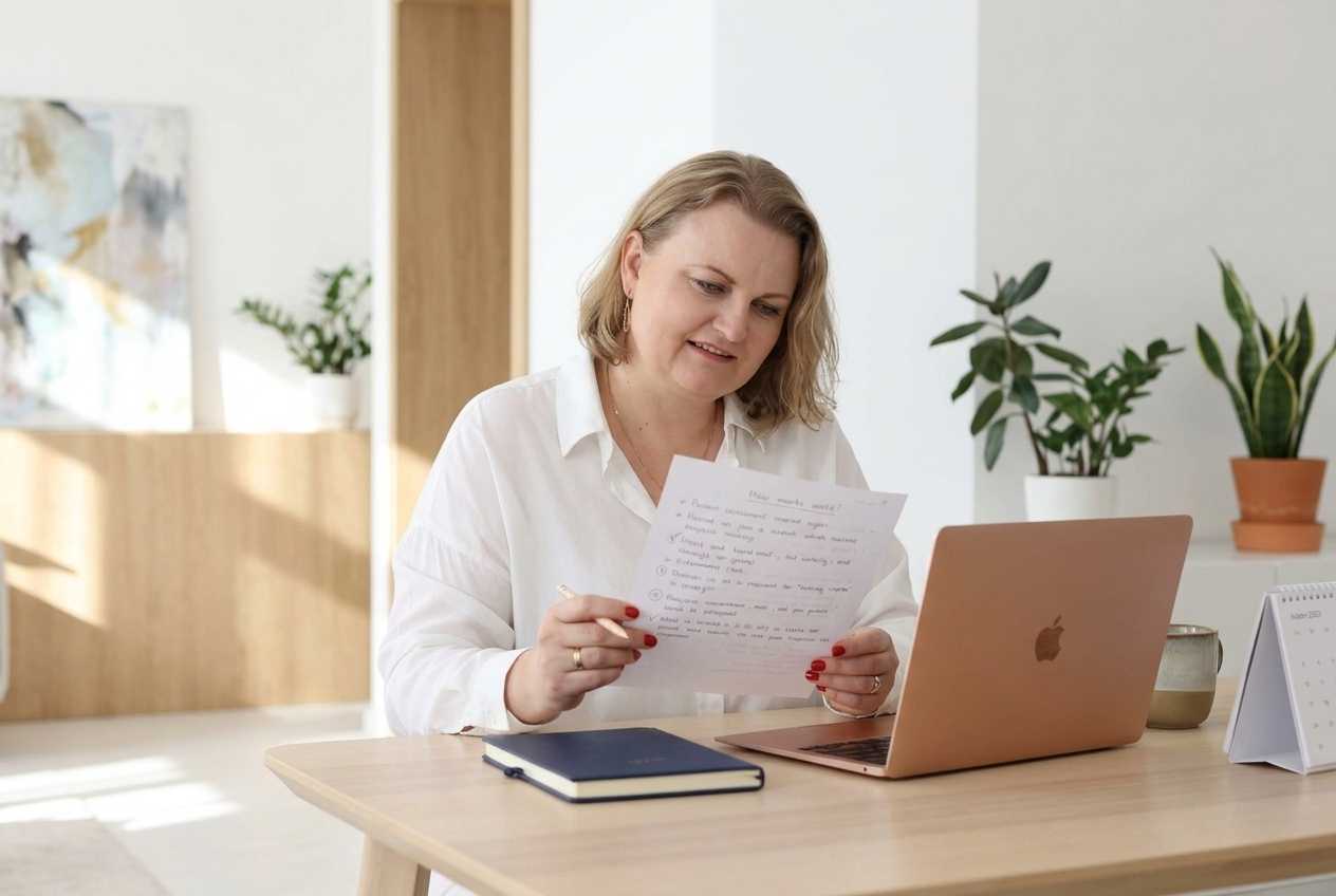trendy-marketingowe-rozliczenie-prognoz Kobieta przy biurku przegląda listę z odręcznymi zaznaczeniami, obok laptop, kalendarz i kubek kawy w jasnym wnętrzu Justyna Kopeć
